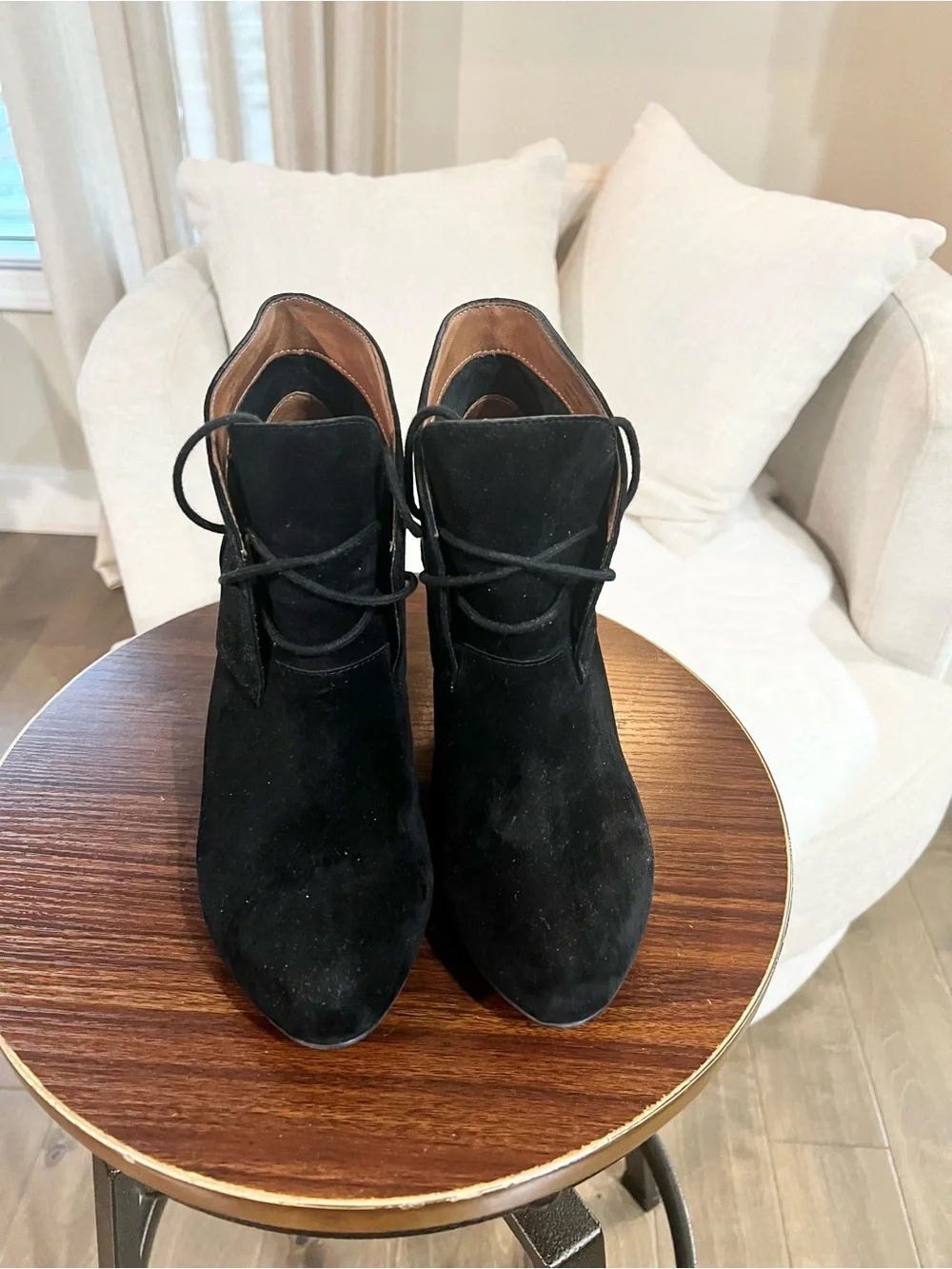L’Amour Des Pieds Black Suede Lace-Up Heeled Ankle Booties Size 9.5
